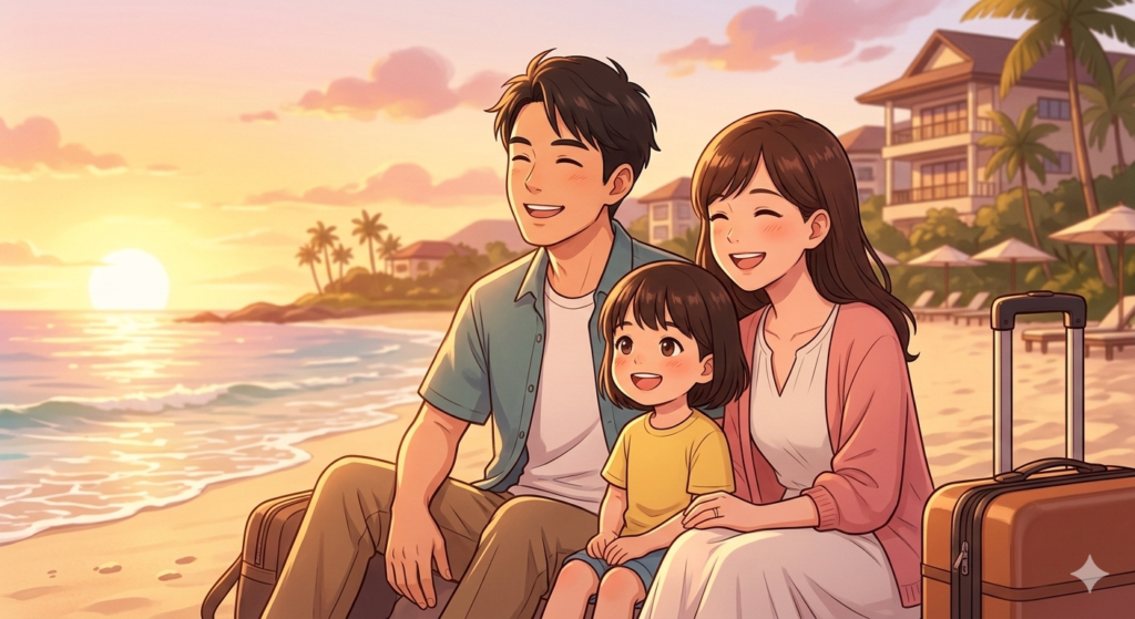 ハワイのビーチで夕日を眺めながら笑顔で過ごす3人家族のアニメイラスト