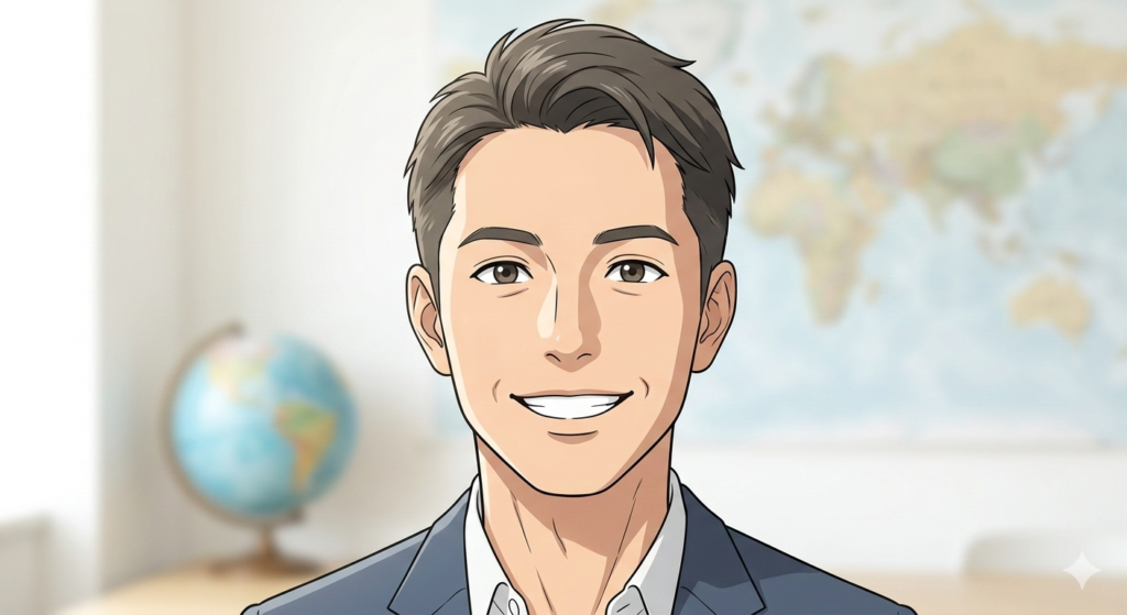 ダスティのマイル航路運営者：親しみやすい笑顔の日本人男性のイラスト