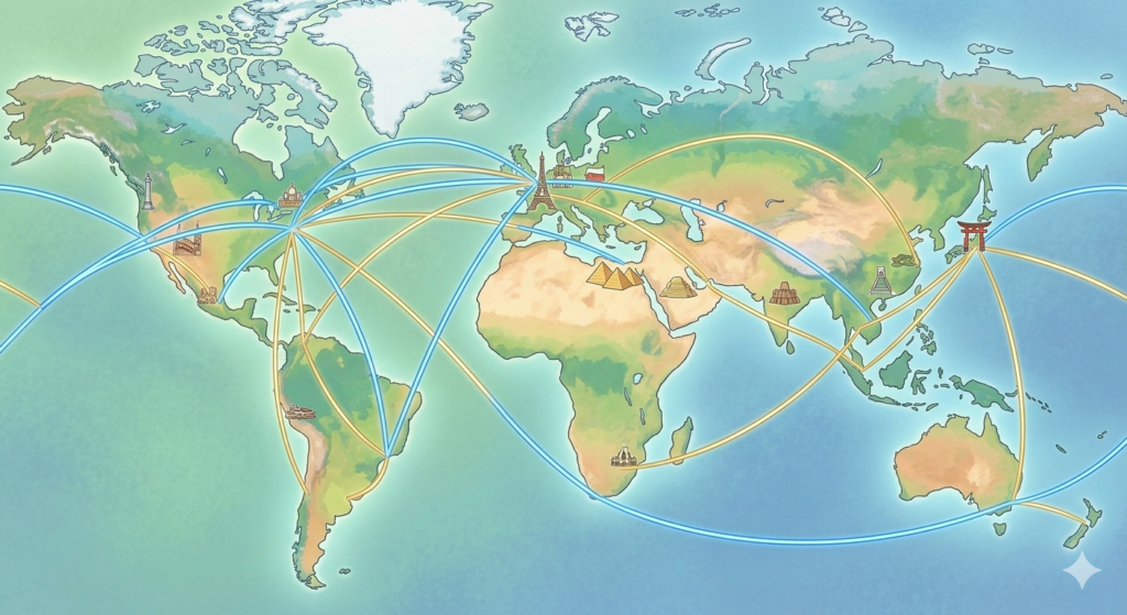 世界中に広がる飛行ルートと観光名所が描かれたワクワクする世界地図のイラスト