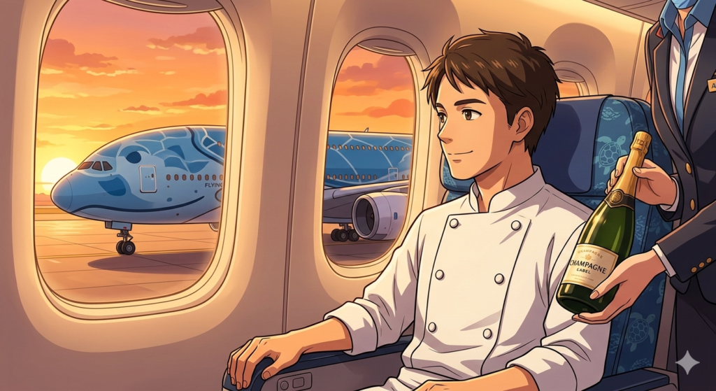 ドラマチックな夕暮れの成田、CAさんが恭しくボトルのラベルを提示する、まさに「旅の号砲」の瞬間。