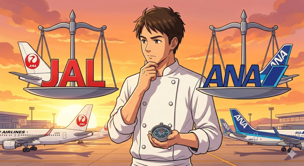 天秤の前で悩む、または決断するダスティさん」**です。JAL（赤）とANA（青）の色を大胆に使い、読者が「自分はどちらを仕込むべきか？