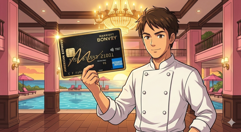 高級ホテルのエントランスで、アメックスヴォンボイプレミアムカードを誇らしげに掲げるダスティさん