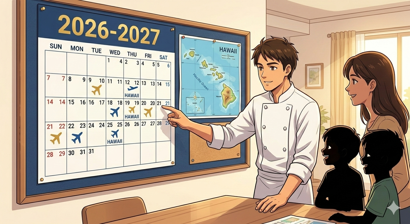 カレンダーと地図で作戦会議をする、ダスティさんと家族（子供）のシルエット