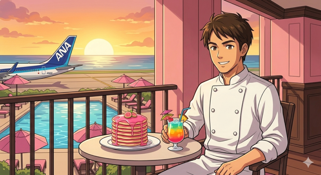 ピンクパレスのテラスで、ピンクのパンケーキとトロピカルドリンクを楽しむダスティさん