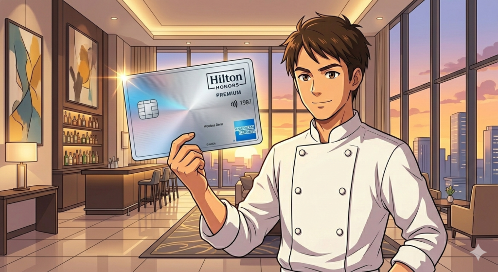 高級ホテルのロビーで、プラチナ/シルバーのプレミアムカードを掲げるダスティさん