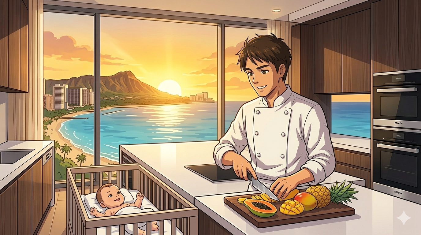 リッツカールトンワイキキで幸せの絶頂、赤ちゃんの横で地元のフルーツを切るプロ(パパ)