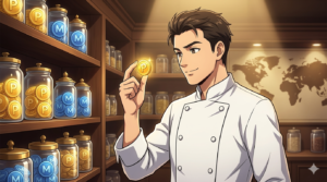 高級パントリーに立つダスティさんが、瓶詰めにされた glowing な『P』アイコン（ポイント）を、愛おしそうに眺めている、ドラマチックな1枚です。