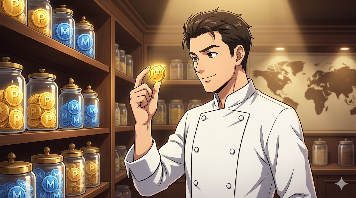 高級パントリーに立つダスティさんが、瓶詰めにされた glowing な『P』アイコン（ポイント）を、愛おしそうに眺めている、ドラマチックな1枚です。