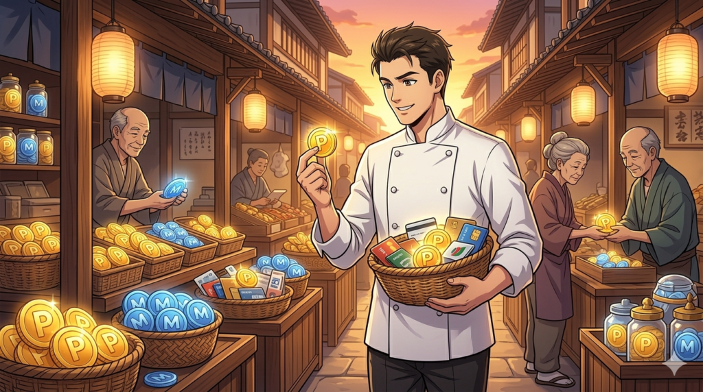 マイルの卸売市場でポイントやカードを籠に盛るコックコート姿の男性と活気ある市場の風景