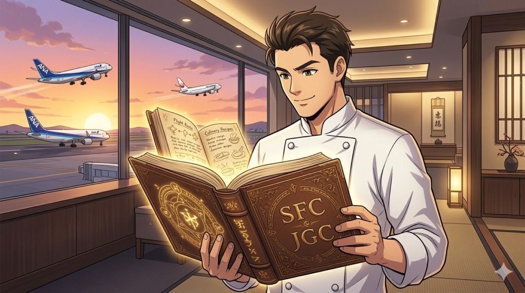 高級空港ラウンジに立つダスティさんが、古びた、しかしGlowingな『秘伝のレシピ本』を開いている1枚。本の表紙には魔法陣のような**『SFC』と『JGC』の文字**が刻まれ、中にはJAL・ANAの航路図と「家族カード」の恩恵が書かれている
