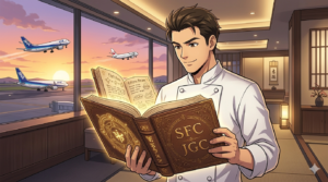 高級空港ラウンジに立つダスティさんが、古びた、しかしGlowingな『秘伝のレシピ本』を開いている1枚。本の表紙には魔法陣のような**『SFC』と『JGC』の文字**が刻まれ、中にはJAL・ANAの航路図と「家族カード」の恩恵が書かれている