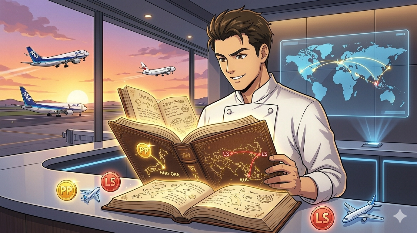 高級空港ラウンジに立つダスティさんが、Glowingな『秘伝のレシピ本』を開いている1枚。本の表紙には魔法陣のような『SFC』と『JGC』の文字が刻まれ、中にはANA・JALの航路図と「海外発券」の恩恵が書かれている