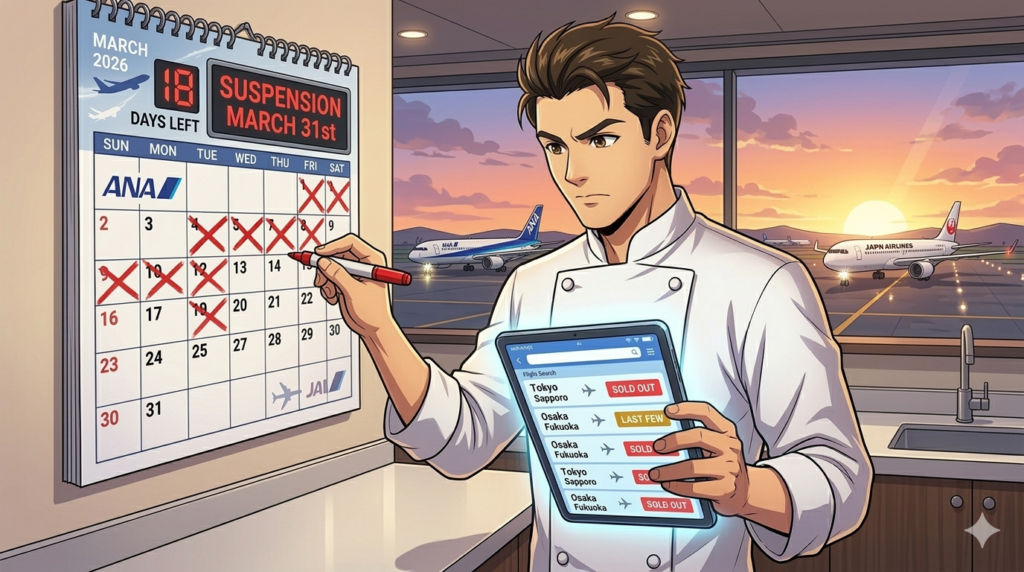 2026年3月31日のANAトクたびマイル一時休止をカレンダーで確認し、タブレットで空席をチェックするコックコート姿の男性（ダスティ）
