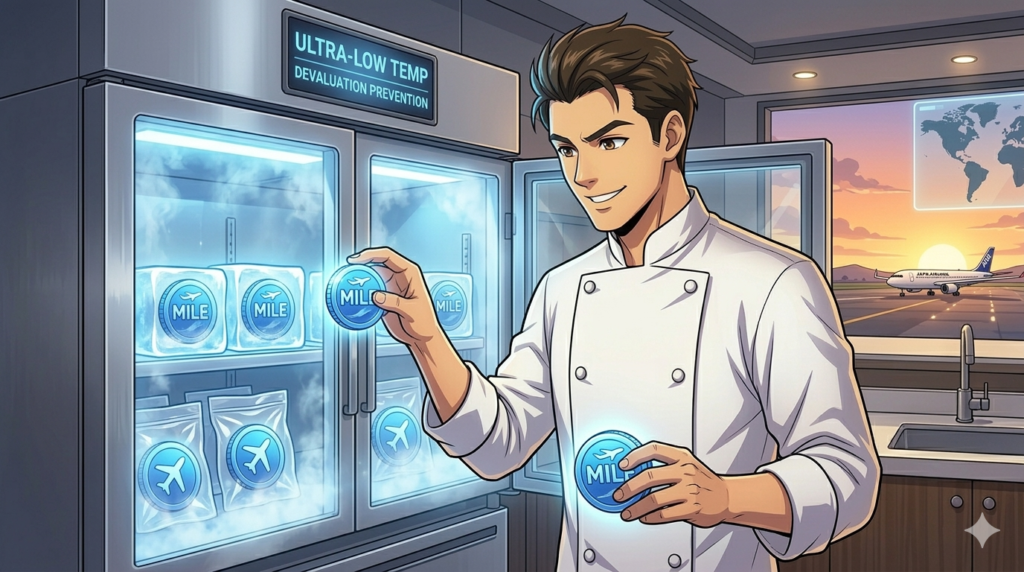 コックコート姿の男性（ダスティ）が、「ULTRA-LOW TEMP（超低温）」と「DEVALUATION PREVENTION（改悪防止）」と表示されたハイテクな冷凍庫の中に、輝く青いマイルコインを丁寧に収納している様子。