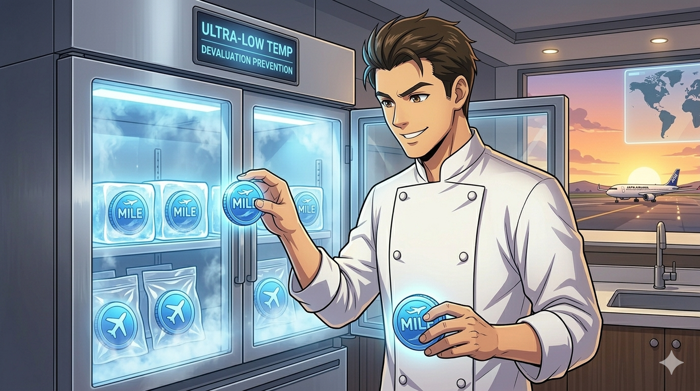 コックコート姿の男性(ダスティ)が、「ULTRA-LOW TEMP(超低温)」と「DEVALUATION PREVENTION(改悪防止)」と表示されたハイテクな冷凍庫の中に、輝く青いマイルコインを丁寧に収納している様子。