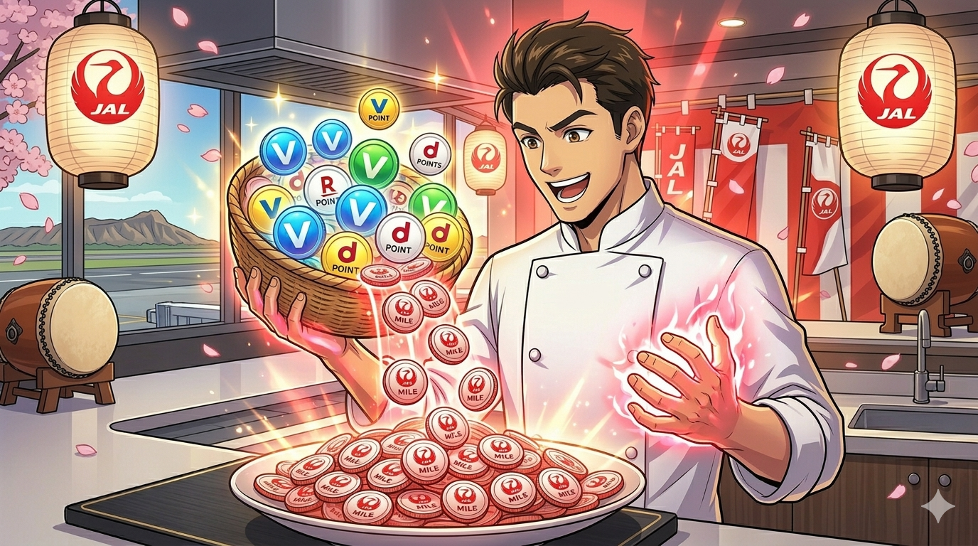 JALの提灯や和太鼓が飾られた祭りの雰囲気の厨房で、コックコート姿の男性（ダスティ）がVポイントやdポイントが入った籠を掲げ、それらが25%増量して輝く赤いJALマイルコインへと変化している様子を喜んでいるイラスト。