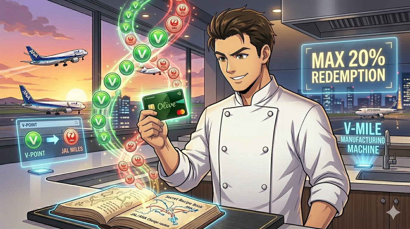 コックコート姿の男性（ダスティ）がGlowingな三井住友カードOliveを掲げ、カードから緑のVポイントと赤のJALマイルがDNAの螺旋のように合体してGlowingしているイラスト。背景は夕暮れの空港とGlowingなホログラフィックディスプレイ。