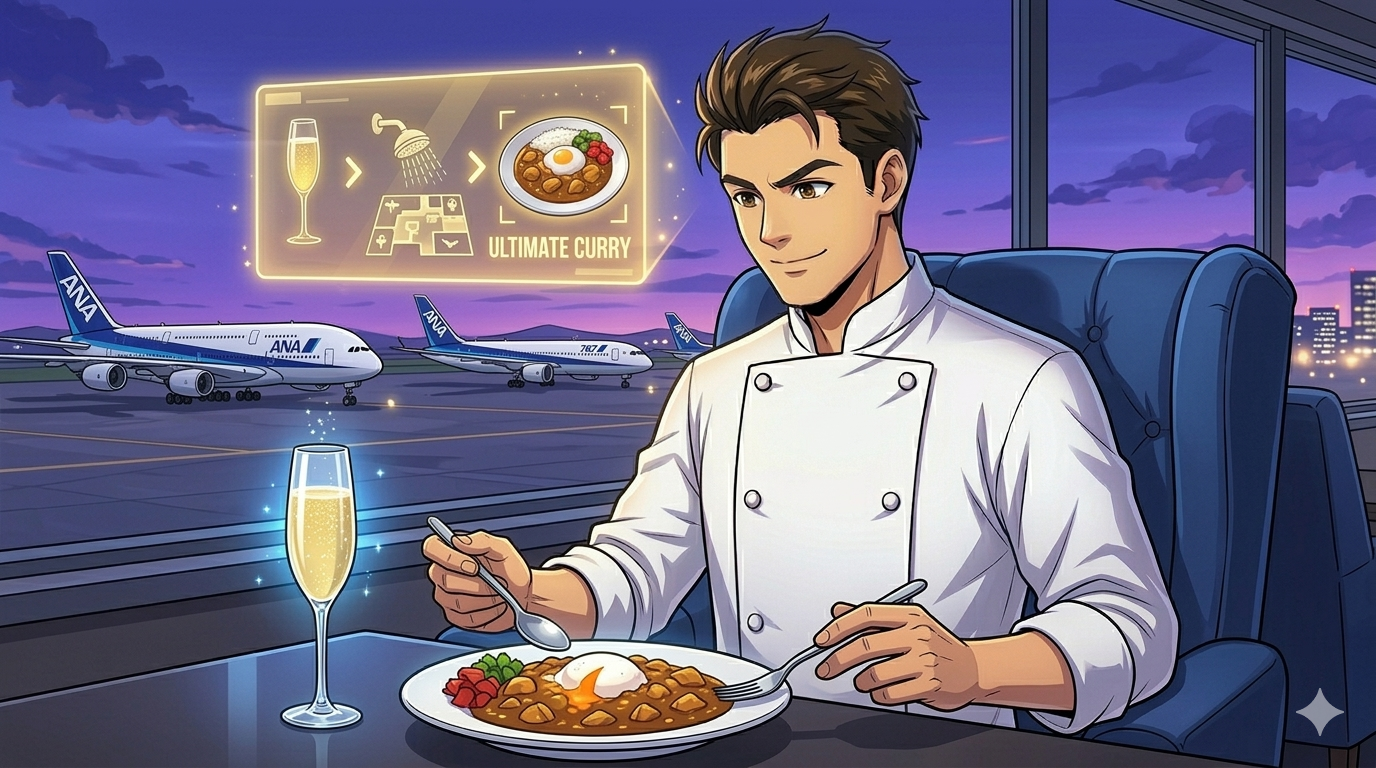 深青のアームチェアが並ぶ羽田空港のANAスイートラウンジで、コックコート姿の男性（ダスティ）がANAオリジナルカレーとシャンパンを、Floatingなホログラフィックメニューを眺めながら楽しんでいるイラスト。背景の窓からは夕暮れの紫の空とANA航空機が見え、洗練された雰囲気。