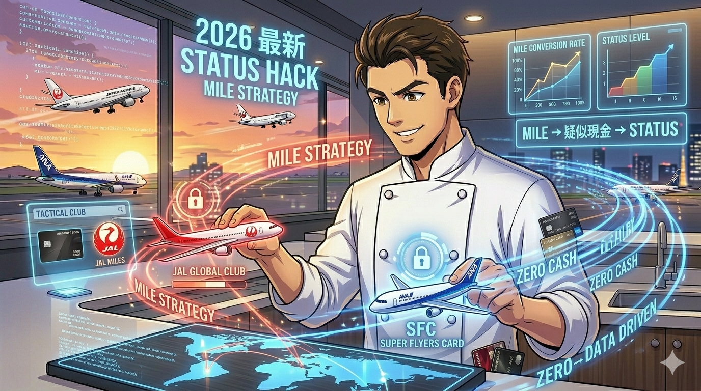 近未来的な空港ラウンジの戦略室で、JALとANAの飛行機模型をホログラムの世界地図の上で動かしながら戦略を練るコックコート姿の日本人男性（ダスティ）。背景には「2026 最新 STATUS HACK」や「MILE → 疑似現金 → STATUS」といった文字が浮かび、SFCやJGCのロゴが光る、知的なステータス獲得術を表現したイラスト。