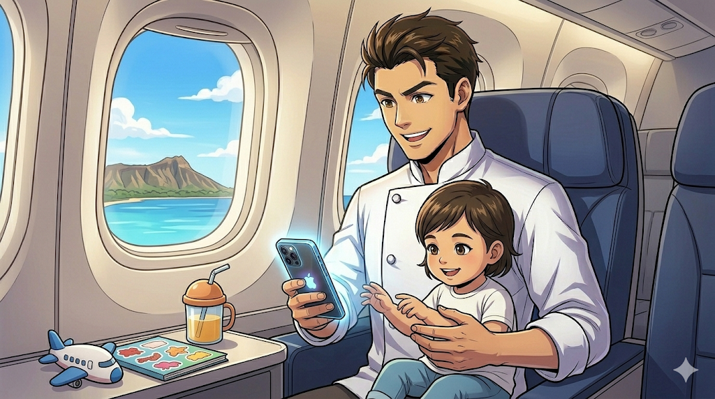 機内で2歳の娘を抱きかかえながら、優しくiPhone 15 Proの画面を見せるコックコート姿の日本人男性シェフ。窓の外にはハワイの青い空が広がり、サイドテーブルにはストローマグやシールブックなど、子連れフライトの「三種の神器」が置かれた、温かみのあるアニメ調のイラスト。