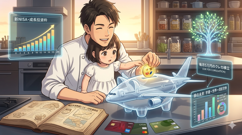 飛行機型の光る貯金箱に、娘と一緒にコインを入れるコックコート姿の日本人男性。背景には「新NISA」による18年の資産成長を象徴する光の樹が描かれた、教育資金とマイル獲得をテーマにした温かいアニメ調イラスト。