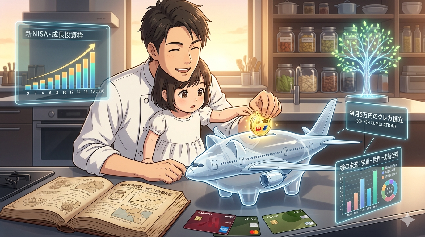 飛行機型の光る貯金箱に、娘と一緒にコインを入れるコックコート姿の日本人男性。背景には「新NISA」による18年の資産成長を象徴する光の樹が描かれた、教育資金とマイル獲得をテーマにした温かいアニメ調イラスト。