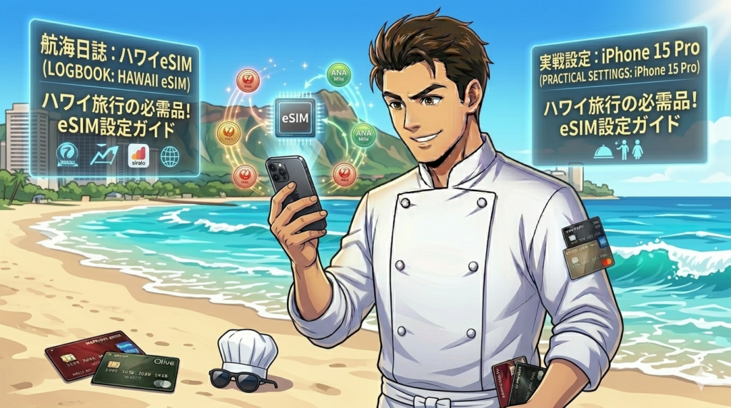ワイキキビーチでiPhone 15 Proを手に持つコックコート姿の日本人男性シェフ（ダスティ）。背景にはダイヤモンドヘッドと青い海が広がり、ハワイ到着後すぐに通信を確保するスマートな旅をイメージしたアニメ調イラスト。