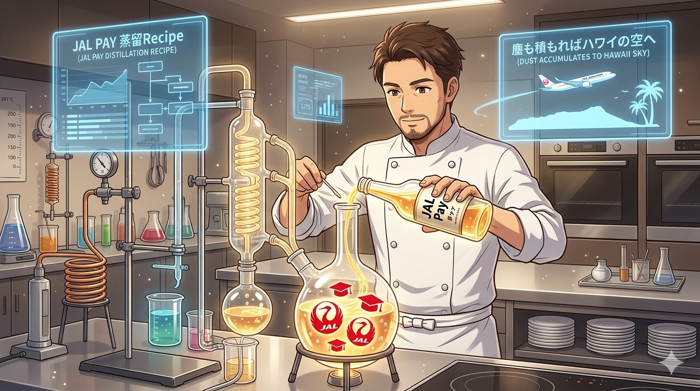 複雑なガラスの多段蒸留装置(ポイントロンダリング)を操作する、コックコート姿の日本人男性シェフ(ダスティ)。浮かぶホログラムディスプレイには「JAL PAYの多重還元レシピ」や「ロンダリング術」の文字。複数の決済サービスを組み合わせてJALマイルを爆獲りする戦略を象徴したアニメ調イラスト。