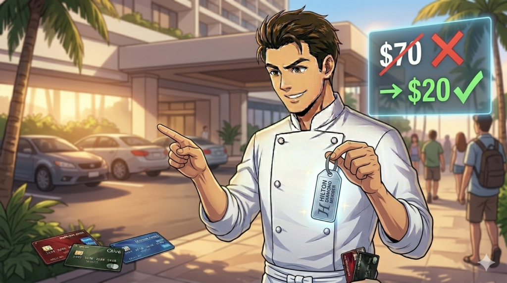 ヒルトン・ダイヤモンド会員のタグが付いた銀色の車の鍵を持ち、ワイキキの高級ホテル周辺で格安駐車場を指し示すコックコート姿の男性。高額な駐車料金を節約する戦略を表現したアニメ調イラスト。