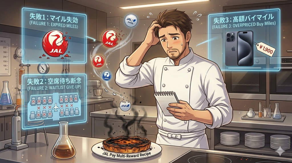 複雑なガラスの多段蒸留装置があるハイブリッド・キッチン研究室で、コックコート姿の日本人男性シェフ（ダスティ）が、焦げた料理を前に困り顔で頭をかいているアニメ調イラスト。彼を囲む3つのホログラムディスプレイが、マイル戦略の失敗をJAL Payの蒸留工程に例えて解説している。