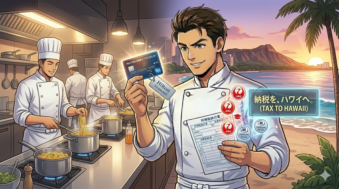 コックコート姿のシェフ(ダスティ)が、ヒルトンアメックス・プレミアムカードと、マイルやポイントに変わる納税書類を自信満々に掲げるアニメ調イラスト。背景は、左側が門前仲町の厨房、右側が夕暮れのワイキキビーチとダイヤモンドヘッドの分割画面。ホログラムには「納税を、ハワイへ。 (TAX TO HAWAII)」の文字。