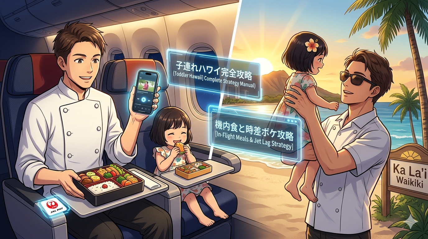 【子連れハワイ攻略】2歳前の娘と8日間。シェフ（ダスティ）が考案した「機内食と時差ボケ」の完全攻略マニュアル・アニメ調イラスト。画像は分割画面で、左側は夜の機内。ダスティが汚れない子供用弁当と、オフライン動画が再生されているiPhone 15 Proを掲げ、娘が幸せそうに食べている。ホログラムUIには「機内食と時差ボケ攻略」。右側は晴れたワイキキビーチの朝。ダスティがリラックスしたシェフシャツ姿で、娘を抱きかかえ、ダイヤモンドヘッド、昇る太陽、ヤシの木、そして「Ka La'i Waikiki」の看板に向けて笑顔を見せている。プロの段取り（ミザンプラス）が成功を導く様子を表現。