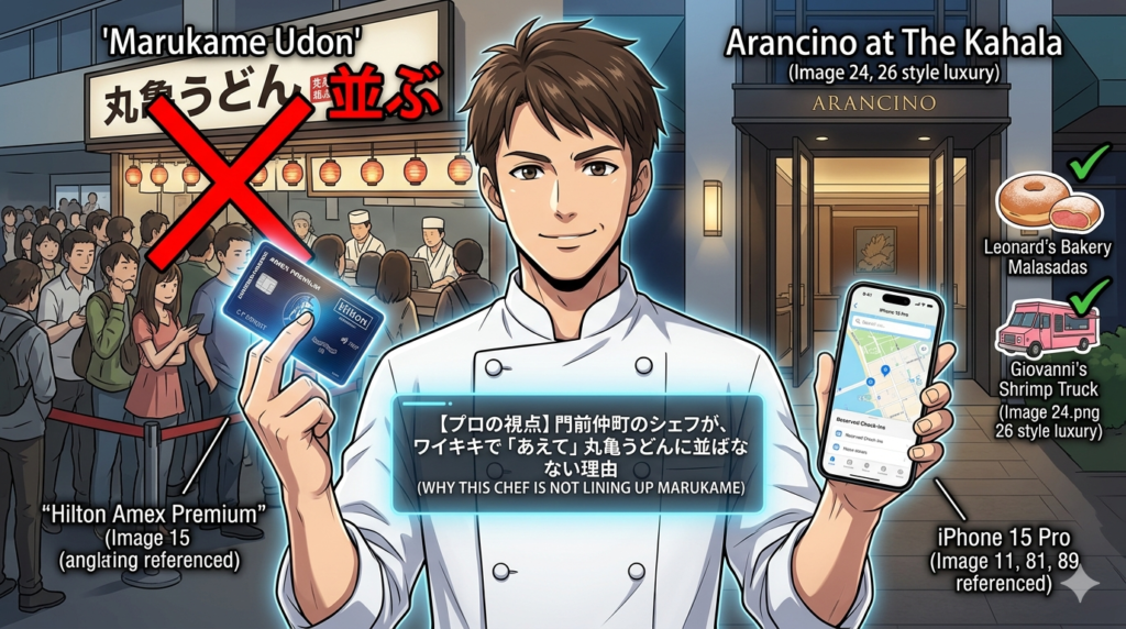 【プロの視点】丸亀うどんに並ばない理由と、本当に並ぶ価値のある3店アイキャッチイラスト。コックコート姿のシェフが、ヒルトンアメックスカードとiPhoneを持ち、自信満々に立っている。背景は分割画面で、左側は混雑した丸亀うどんの行列（×印）、右側は豪華なアランチーノの入り口と名店のアイコン（チェックマーク）。ホログラムには記事タイトル「【プロの視点】丸亀うどんに並ばない理由」と英文タイトル。行列を避け、価値ある食体験をスマートに選択するプロの視点を表現。