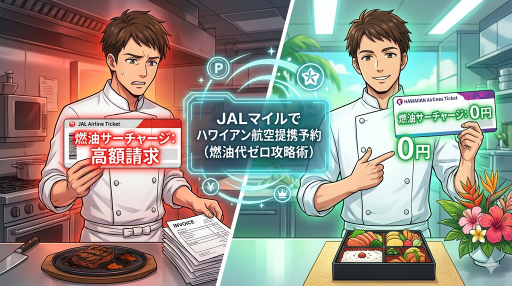 コックコート姿のシェフが、JAL便（燃油高額・赤字）とハワイアン航空（燃油0円・緑字）の航空券を比較しているアニメ調イラスト。背景は、左側が日本の厨房、右側がハワイのビーチの分割画面。中央のホログラムには「JALマイルでハワイアン航空提携予約（燃油代ゼロ攻略術）」の文字。