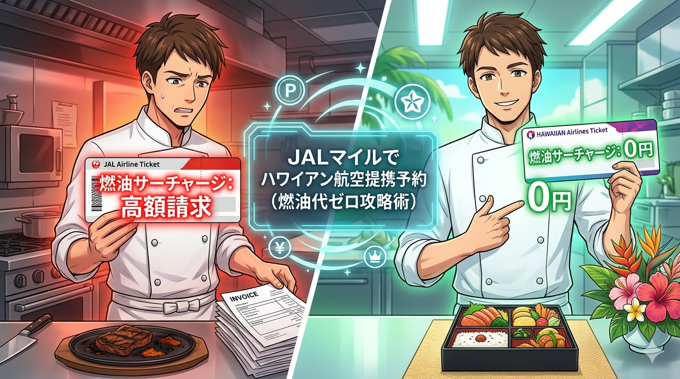 コックコート姿のシェフが、JAL便(燃油高額・赤字)とハワイアン航空(燃油0円・緑字)の航空券を比較しているアニメ調イラスト。背景は、左側が日本の厨房、右側がハワイのビーチの分割画面。中央のホログラムには「JALマイルでハワイアン航空提携予約(燃油代ゼロ攻略術)」の文字。