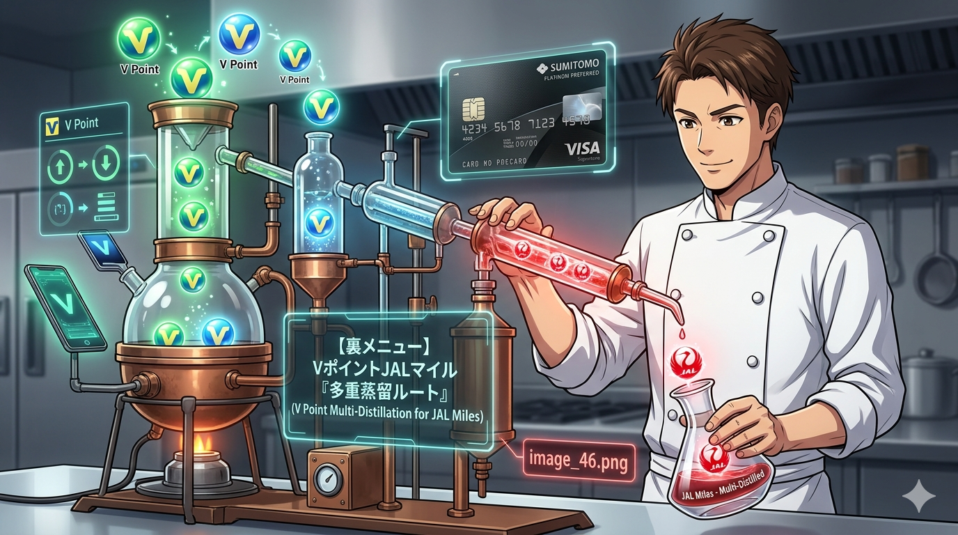 コックコート姿のシェフ（ダスティ）が、キッチンで蒸留器のような装置を使い、Vポイントを輝くJALマイルへと精製しているアニメ調イラスト。背景には「三井住友プラチナ・プリファード」のカードが浮かび、ホログラムUIで「JALマイル多重蒸留ルート」という文字と交換フローが表示されている。効率的なポイント活用を「プロの調理」として表現した16:9の画像。