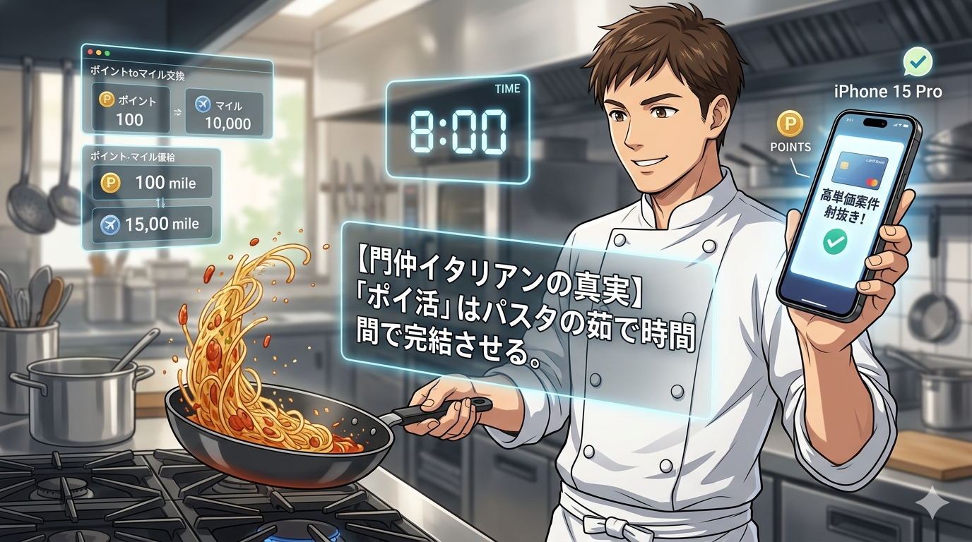 【門仲イタリアンの真実】「ポイ活」はパスタの茹で時間で完結させる！15年選手のオーナーシェフが、厨房のマルチタスクを活かした『スキマ時間の仕込み術』を公開。時給換算で効率の良い高単価案件だけを射抜き、忙しい経営者が月3万マイルを稼ぎ出すプロの段取りを伝授します。