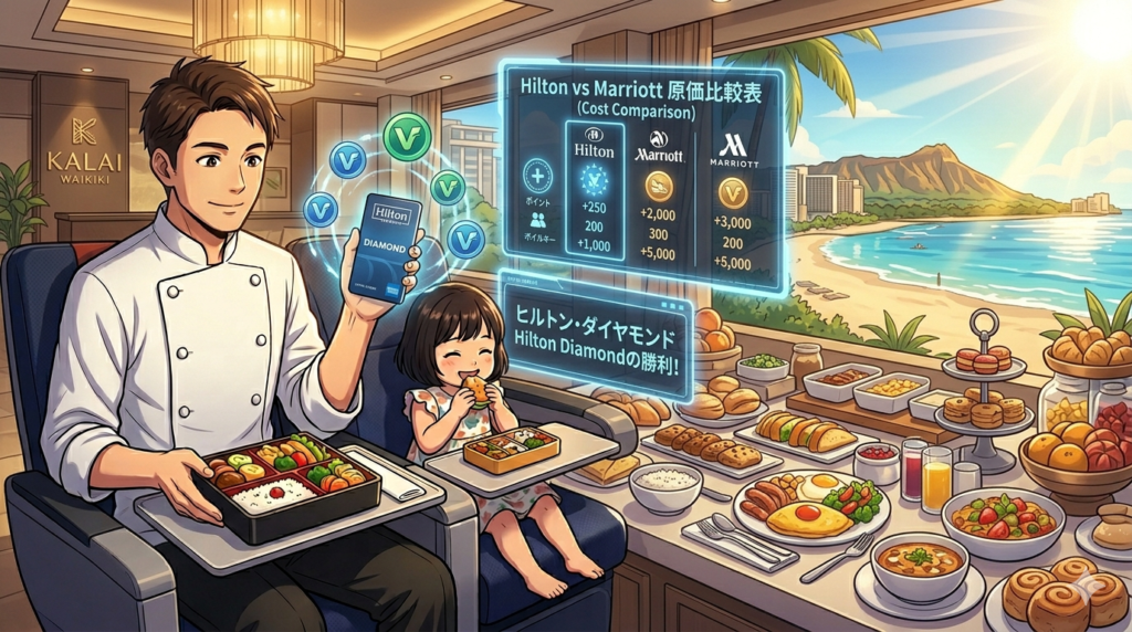 コックコート姿のシェフ（ダスティ）が、ヒルトン・ダイヤモンドのカードを自信満々に掲げ、豪華なホテルの朝食ビュッフェを前に娘を抱っこしているアニメ調イラスト。背景にはカライ・ワイキキの豪華なロビーと、朝日に輝くワイキキビーチ。ホログラムUIで「Hilton vs Marriott」の原価比較表が表示され、プロの選択を強調している16:9の画像。