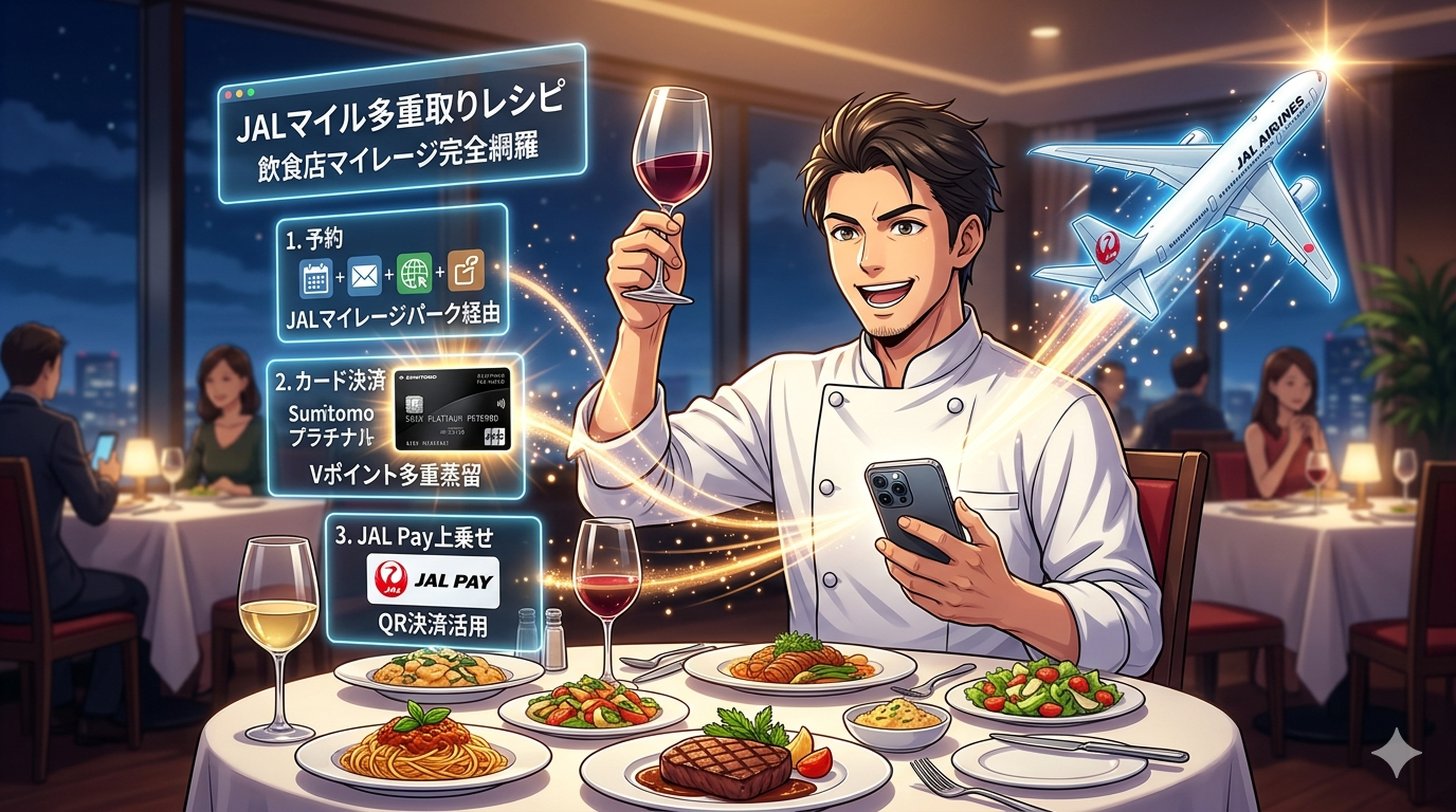 高級レストランで、コックコート姿のシェフ（ダスティ）が、片手にiPhone 15 Proを持ち、もう片手でグラスを掲げているアニメ調イラスト。テーブルには美味しそうなイタリア料理が並び、その上には「予約サイト」「クレジットカード」「JAL Pay」の3方向からマイルが溢れ出し、大きなJALの飛行機へと集約されていくホログラムが表示されている。外食をマイル投資に変えるプロの戦略を表現。