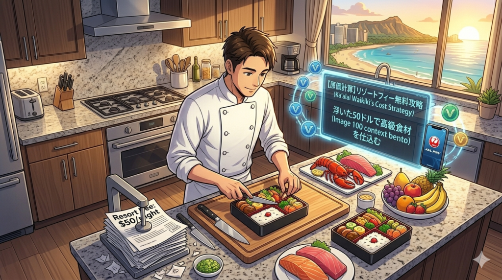 コックコート姿のシェフ（ダスティ）が、カライ・ワイキキの豪華なキッチンで、リゾートフィーという名の不純物を排し、純度の高いサービス（マイルとステータス）だけを抽出しているアニメ調イラスト。背景にはワイキキビーチとダイヤモンドヘッド。ホログラムUIで「リゾートフィー無料攻略」の文字と原価比較表が表示されている16:9の画像。