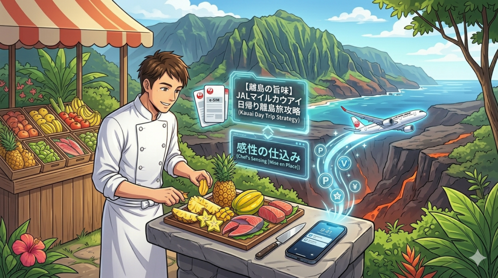 コックコートを纏った日本人シェフ（ダスティ）が、カウアイ島の壮大なナ・パリ・コーストを背景に、JALマイルで購入したハワイアン航空の航空券を誇らしげに掲げているアニメ調イラスト。手元にはiPhone 15 Proがあり、ホログラムUIで「離島便マイル攻略」「燃油0円」のデータが表示されている。周囲には新鮮なトロピカルフルーツが並び、厨房を離れて感性を研ぎ澄ます「感性の仕込み」を表現した16:9の構図。