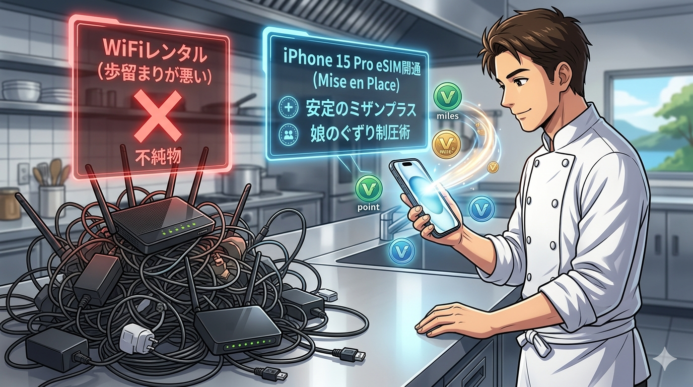 コックコート姿のシェフ（ダスティ）が、左手で複雑に絡まったWiFiルーターの配線を「歩留まりが悪い」と切り捨て、右手でスマートにiPhone 15 Proを操作しているアニメ調イラスト。背景には日本の厨房とホノルル空港の到着ゲートの対比。ホログラムUIで「eSIM vs WiFiレンタル」の効率比較グラフが表示されている16:9の画像。