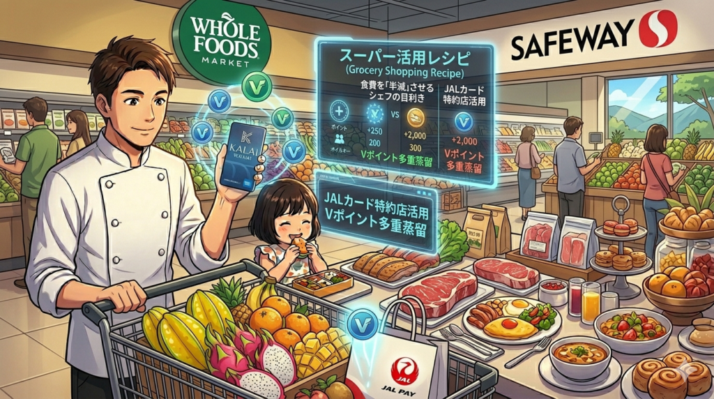 コックコート姿のシェフ（ダスティ）が、ハワイのスーパーマーケット（ホールフーズとセーフウェイが左右に分かれている）をカートを押して進んでいるアニメ調イラスト.カートの中には、日本の食材と現地の食材（アヒやトロピカルフルーツ）が整理されて入っており、JAL PayとVポイントのアイコンが袋から溢れている.背景にはダイヤモンドヘッドが見えるワイキキの街並み.ホログラムUIで「スーパー活用レシピ」の文字と、各スーパーの特徴（ホールフーズ：オーガニック・デリ、セーフウェイ：会員割引・マイル積算）が表示されている16:9の画像.
