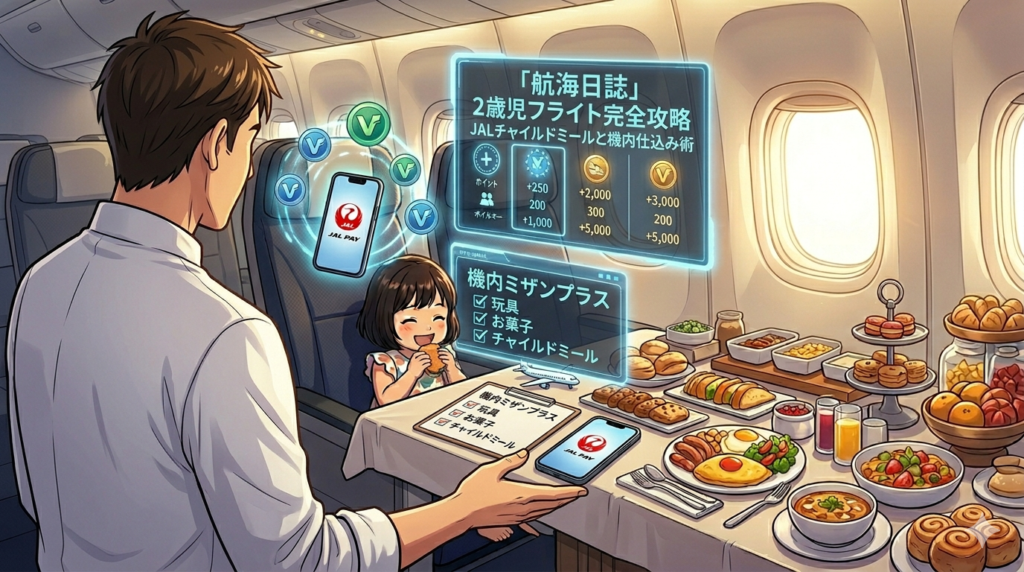 コックコート姿のシェフ（ダスティ）が、厨房でiPhone 15 Pro（最強の装備）を操作し、eSIMによる通信環境の「仕込み（ミザンプラス）」を完了させているアニメ調イラスト。背景は日本の厨房と、ハワイの青空の分割構成（航海日誌）。iPhoneからは「eSIM開通」を象徴する光が溢れ、娘がタブレットで笑顔でアニメを見ている様子へと繋がっている（ファミリーマイル）。通信という「目に見えない仕込み」が家族の笑顔を作る様子を表現した16:9の構図。