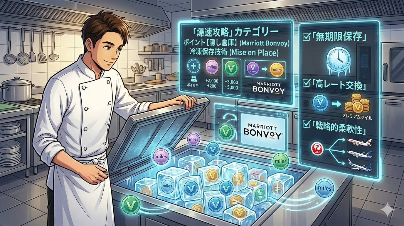 コックコート姿のシェフ（ダスティ）が、ハイテクな巨大冷凍倉庫の前に立ち、iPhone 15 Proを操作して「MARRIOTT」と刻印された光り輝くコンテナを管理しているアニメ調イラスト。コンテナからはJALやANA、海外航空会社のアイコンが溢れ出し、ホログラムUIで「無期限保存」「マイル還元率最大化」の文字が表示されている。プロの備蓄戦略とデジタルの効率性を融合させた、クールで頼もしい16:9の画像