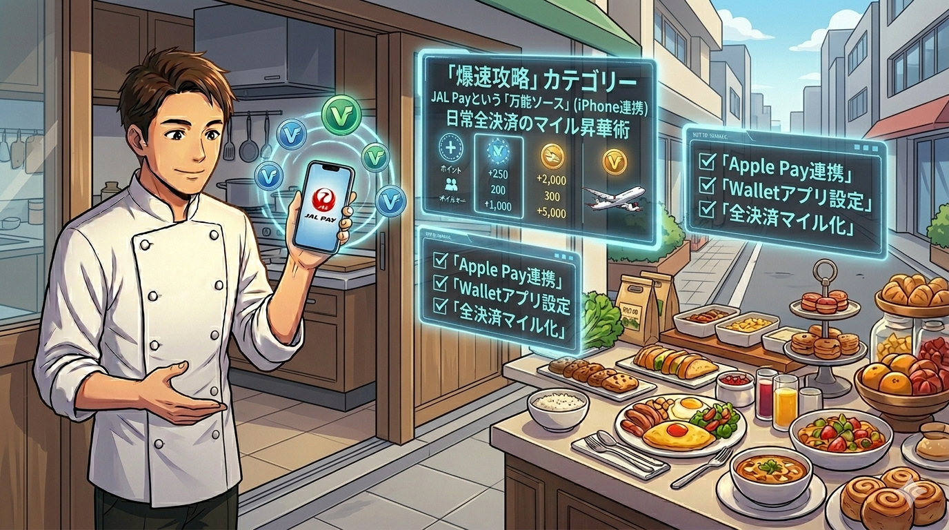 門前仲町の情緒ある街並みを背景に、コックコート姿のシェフ（ダスティ）がスタイリッシュにiPhone 15 Proを決済端末にかざしているアニメ調イラスト。iPhoneからは赤いJALのマイルアイコンがオーラのように溢れ出し、それが空を飛ぶJALの機影へと繋がっている。「JAL Pay」と「Apple Pay」を融合させた最新の決済シーンを、プロのシェフの凛とした表情とともに描いた16:9の画像。