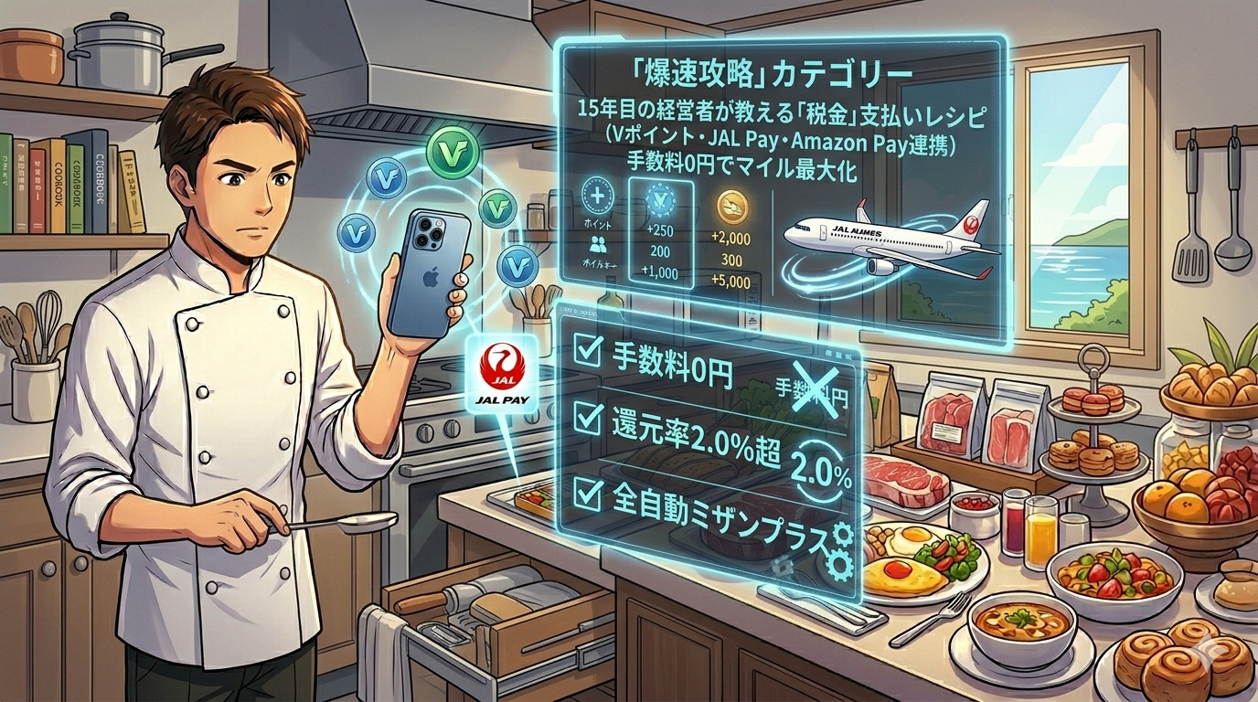コックコート姿のシェフ(ダスティ)が、厨房のデスクで納税通知書を前にiPhone 15 Proを操作しているアニメ調イラスト。iPhoneからは赤いJALのマイルと金のコインが「JAL Pay」のロゴと共に光り輝きながら溢れ出し、背景には「手数料 0円」「還元率 2.0%」といったホログラムUIが表示されている。手前には美味しそうなイタリアンの一皿、奥にはハワイへ向かう飛行機のシルエットが描かれた16:9の構図。