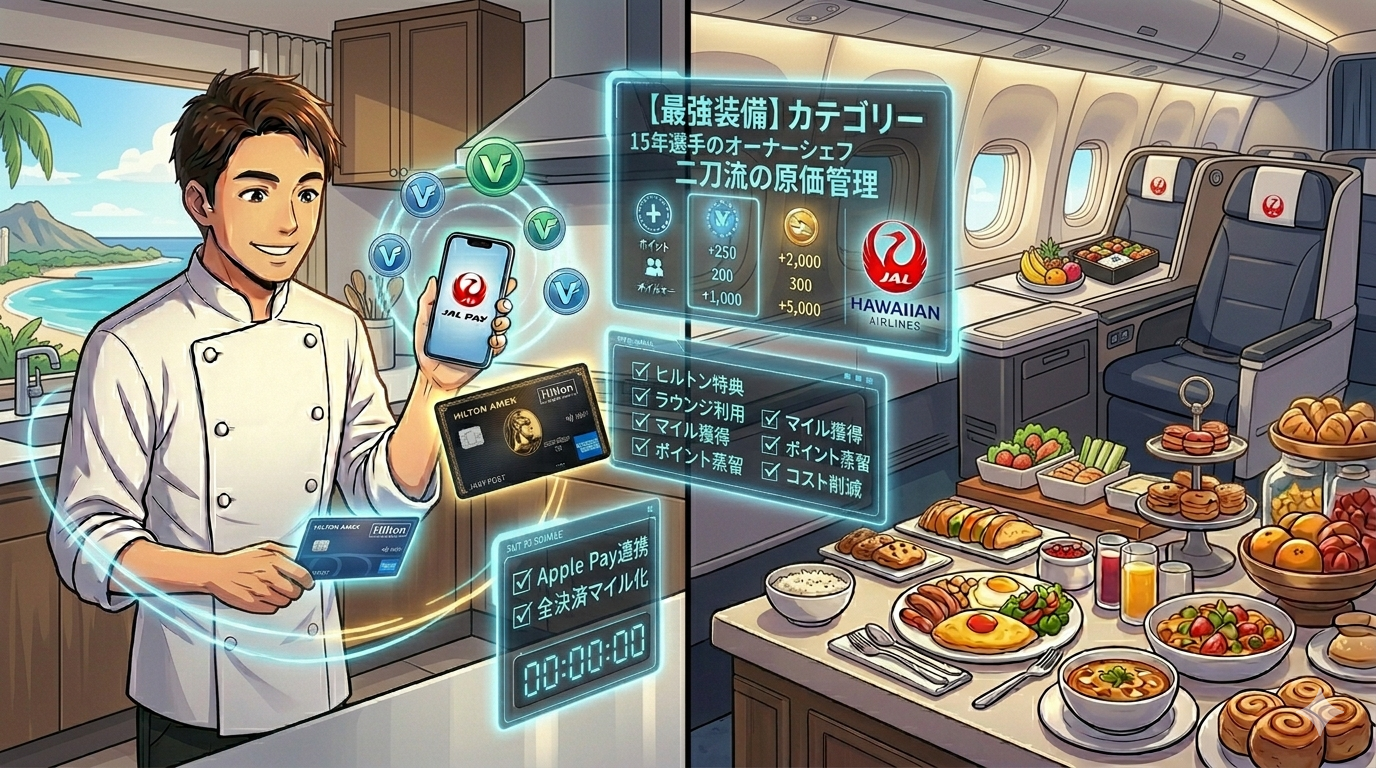 分割画面のアニメ調イラスト。左側はコックコート姿のオーナーシェフ(ダスティ)が厨房でiPhone 15 Proとヒルトン・アメックスを使いこなし、ホログラムUIで「二刀流の原価管理」を行う真剣な様子。右側は、その成果として獲得したJAL国際線ビジネスクラスの個室シートで、豪華な機内食を前にリラックスして過ごす風景。背景にはワイキキのビーチが見える。プロの戦略がラグジュアリーな旅に繋がるストーリーを表現した16:9の構図。