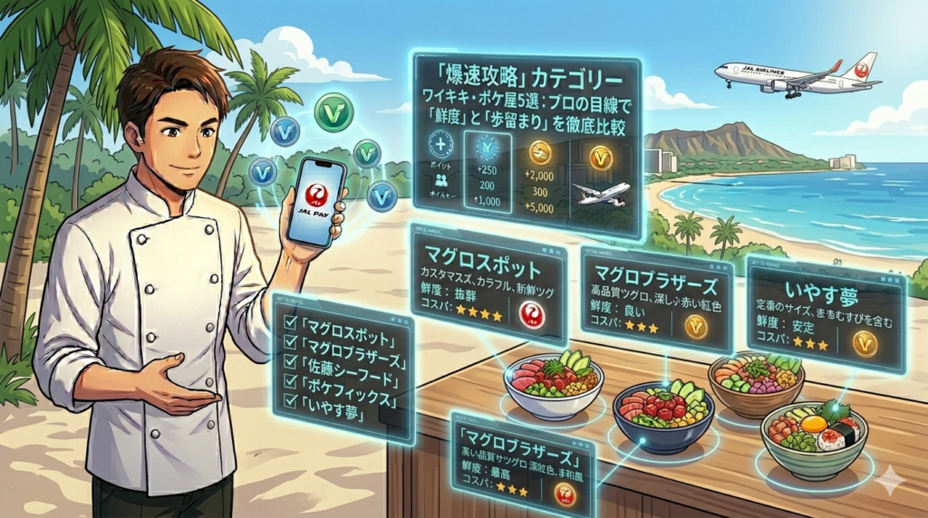分割画面のアニメ調イラスト。左側はコックコート姿のオーナーシェフ（ダスティ）が厨房でiPhone 15 ProとJAL Payを使いこなし、ホログラムUIで「二刀流の原価管理」を行う真剣な様子。右側は、その成果として獲得したJAL国際線ビジネスクラスの個室シートで、豪華な機内食を前にリラックスして過ごす風景。背景にはワイキキのビーチが見える。プロの戦略がラグジュアリーな旅に繋がるストーリーを表現した16:9の構図。