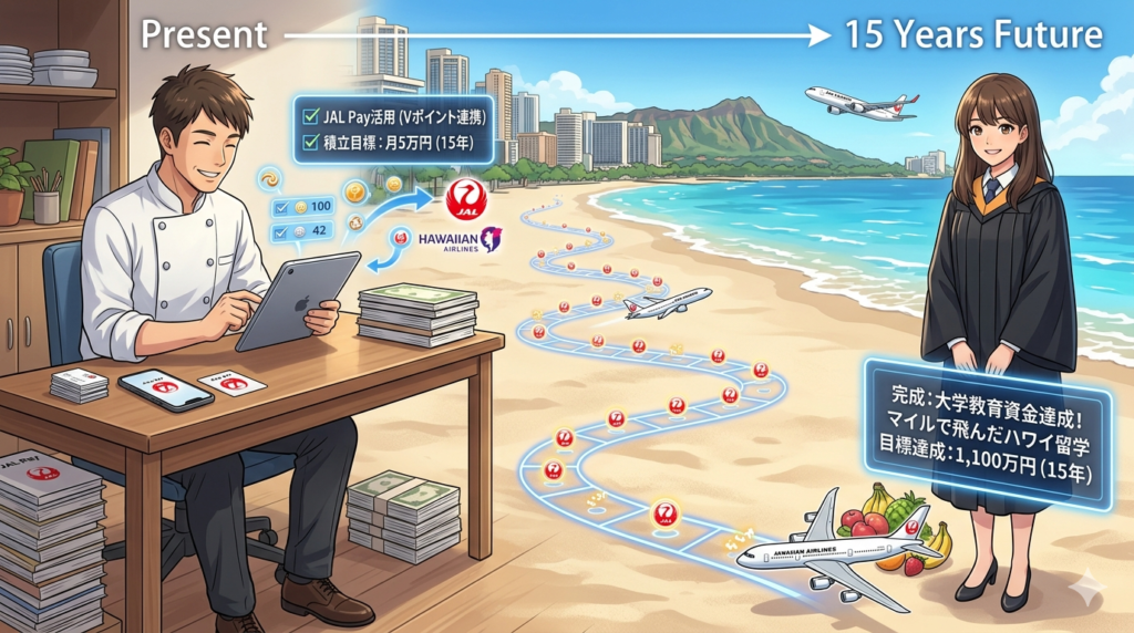 パノラマのアニメ調イラスト。左側の「現在（Present）」セクションでは、コックコート姿のシェフ（ダスティ）がデスクでタブレットを操作し、月5万円の積立設定を行っている。そこからワイキキのビーチを横切るように、JALのロゴが並んだ光る「15年の成長ロード」が右側へと続いている。右側の「15年後の未来（15 Years Future）」には、アカデミックドレス（卒業袴）を着て立派に成長した娘が笑顔で立っており、傍らには「教育資金1,100万円達成」と「マイルでのハワイ留学成功」を示すホログラムUIが浮かんでいる。背景にはダイヤモンドヘッドとJAL機が見え、一貫した戦略が家族の夢を叶えるストーリーを表現した独創的な16:9の構図。